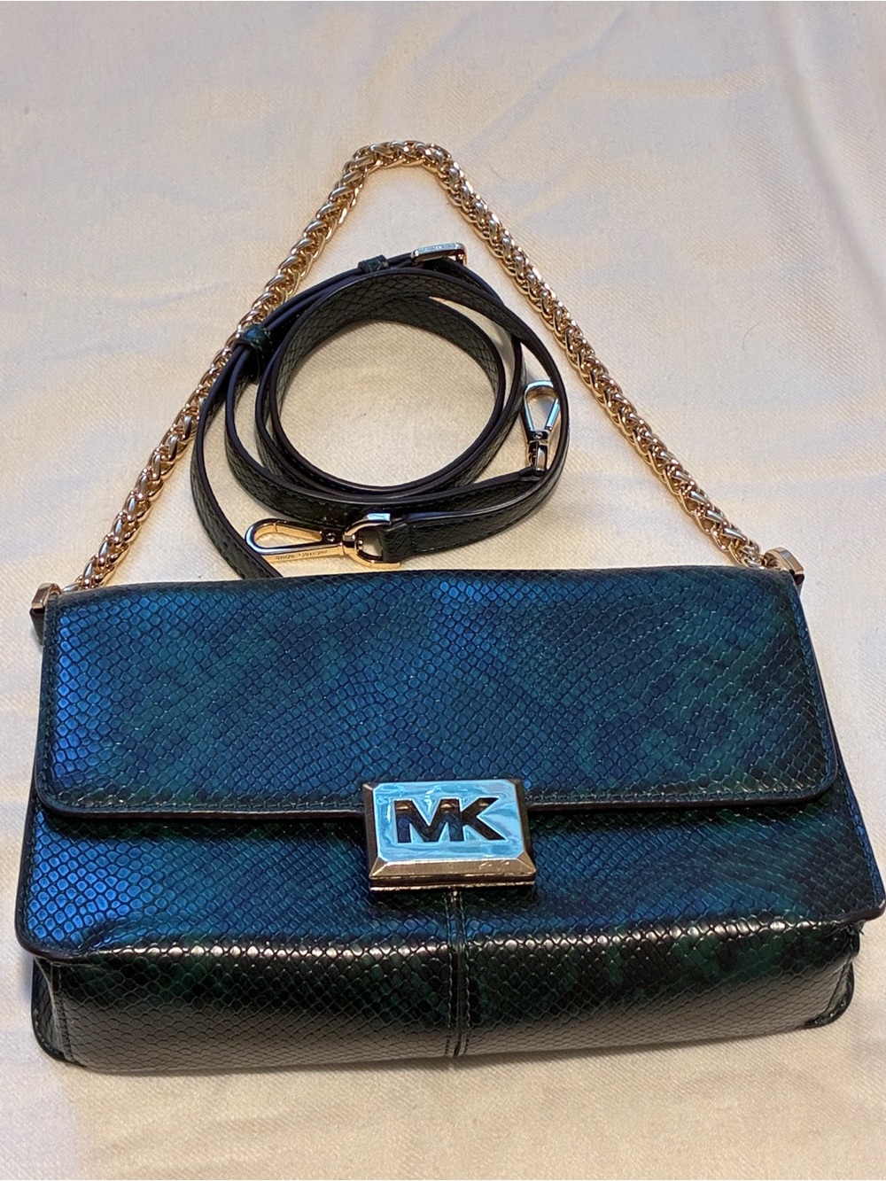 Michael Kors Iridescent Green Snake-Embossed Chain Crossbody
